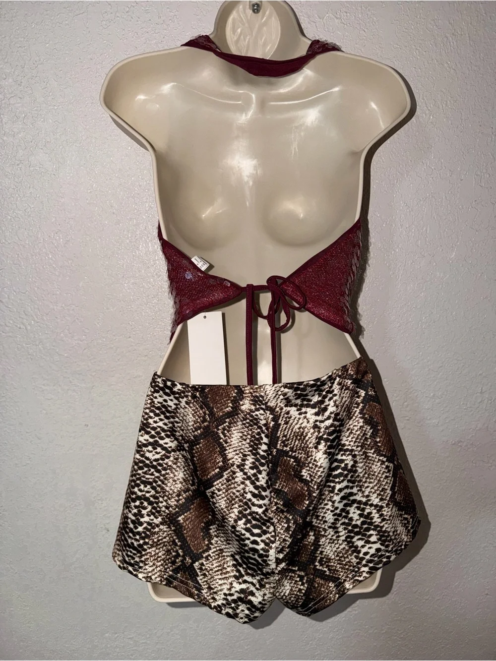 Two Piece Set Sequin Cowl Neck & Snake Skin Shorts